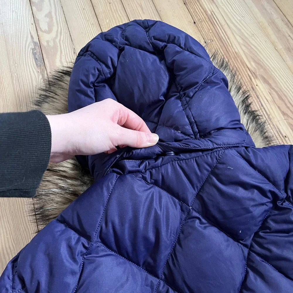 Lands End Women L Purple‎ Diamond Quilted Down Puffer Jacket Faux Fur Hood Lined